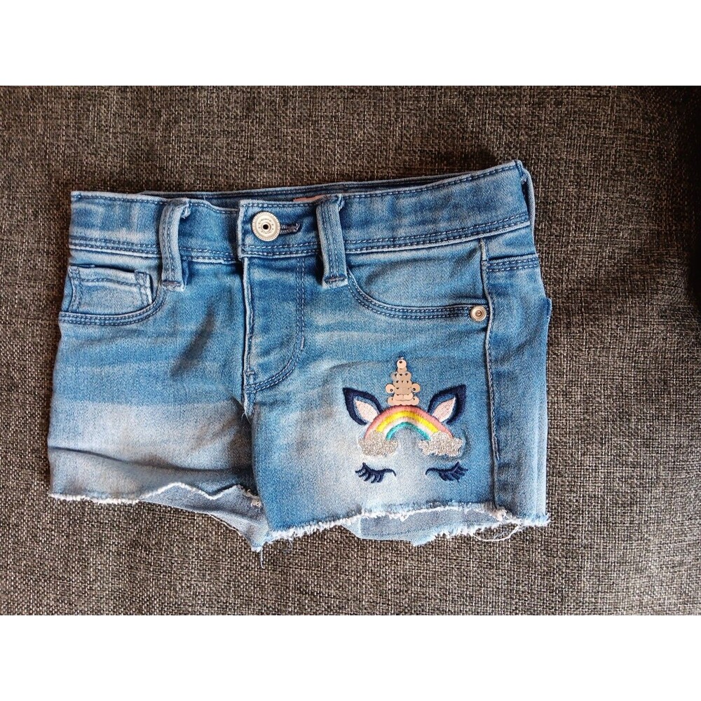 Squeeze Shorts 2T Denim Cut Off Style Blue Unicorn Embroidered